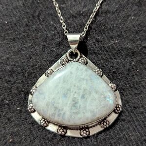 Silver Plated White Moonstone Gemstone Fan Shape Pendant Statement Necklace